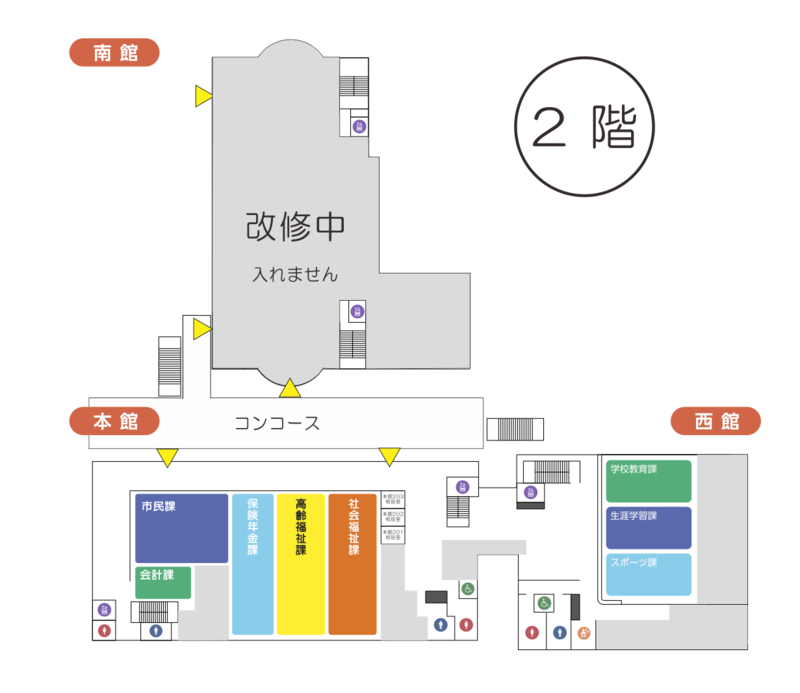 図　本館、西館及び南館の2階フロア図