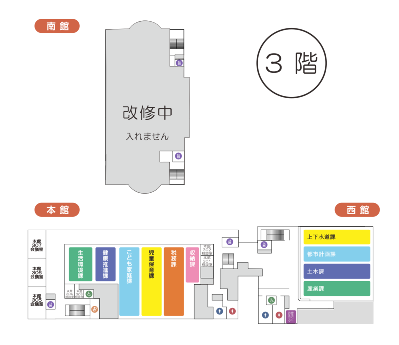 図　本館、西館及び南館の3階フロア図